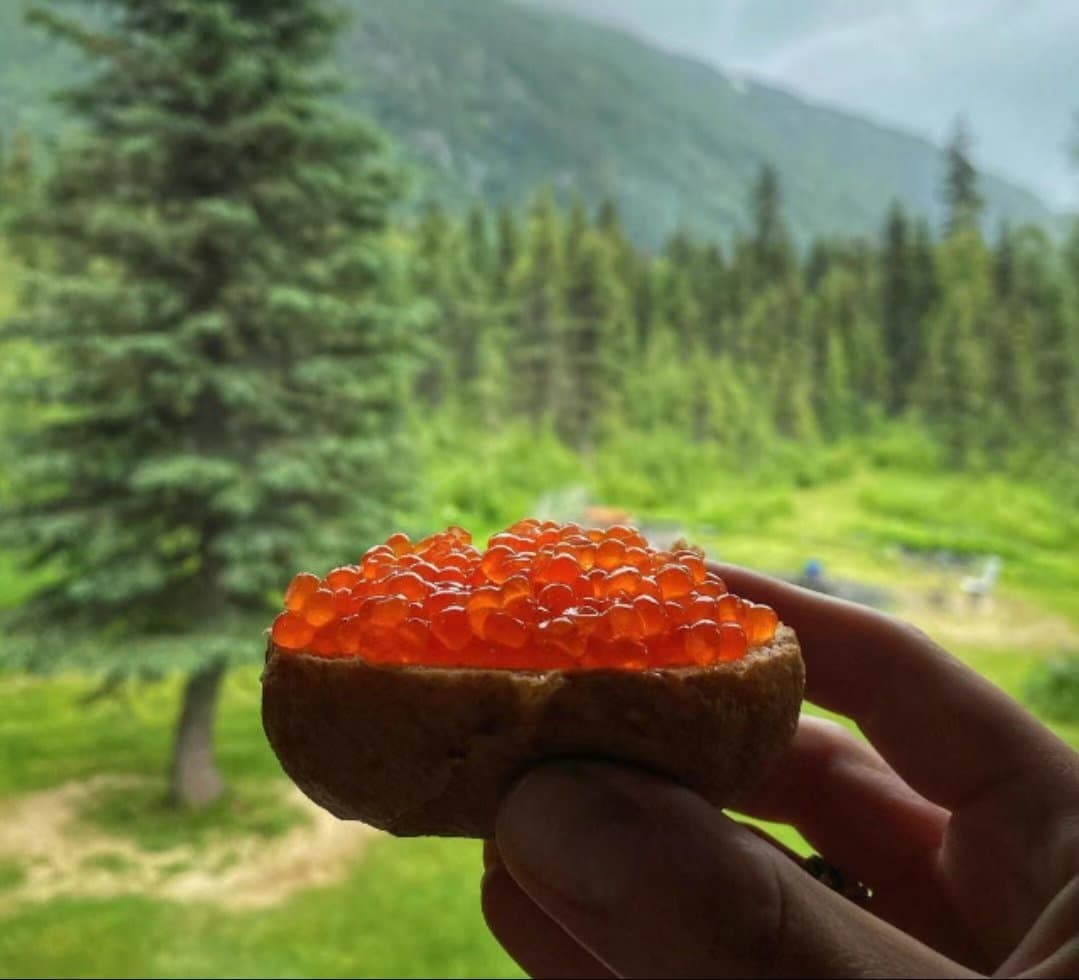 Salmon roe on toast outdoors